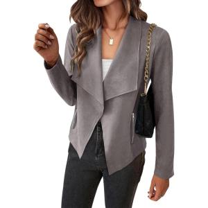 imageBTFBM Womens Faux Suede Jackets Dressy Spring Summer Clothes 2025 Lapel Long Sleeve Open Front Cropped Outerwear CoatsSolid Grey