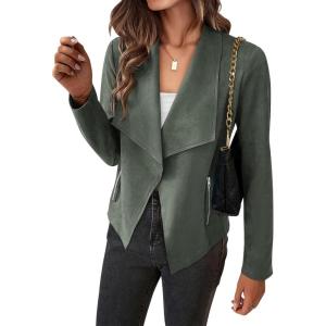 imageBTFBM Womens Faux Suede Jackets Dressy Spring Summer Clothes 2025 Lapel Long Sleeve Open Front Cropped Outerwear CoatsSolid Light Green