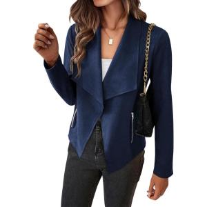 imageBTFBM Womens Faux Suede Jackets Dressy Spring Summer Clothes 2025 Lapel Long Sleeve Open Front Cropped Outerwear CoatsSolid Navy