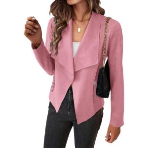imageBTFBM Womens Faux Suede Jackets Dressy Spring Summer Clothes 2025 Lapel Long Sleeve Open Front Cropped Outerwear CoatsSolid Pink