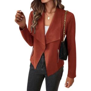 imageBTFBM Womens Faux Suede Jackets Dressy Spring Summer Clothes 2025 Lapel Long Sleeve Open Front Cropped Outerwear CoatsSolid Rust Red