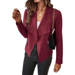 imageBTFBM Womens Faux Suede Jackets Dressy Spring Summer Clothes 2025 Lapel Long Sleeve Open Front Cropped Outerwear CoatsSolid Wine Red