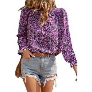 imageBTFBM Womens Long Sleeve Blouses Casual Boho Tops Frill Trim Mock Neck Floral Print 2024 Summer Fall Shirts Blouse TopFloral White Purple