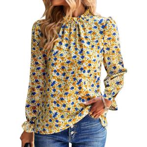 imageBTFBM Womens Long Sleeve Blouses Casual Boho Tops Frill Trim Mock Neck Floral Print 2024 Summer Fall Shirts Blouse TopFloral Yellow