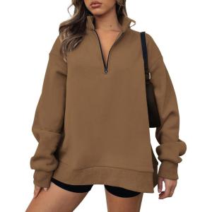 imageBTFBM Womens Quarter Zip Sweatshirt 2024 Fall Spring Oversized Casual Long Sleeve Workout Pullover Y2K ClothesSolid Brown