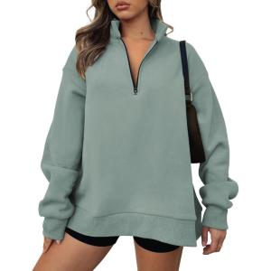 imageBTFBM Womens Quarter Zip Sweatshirt 2024 Fall Spring Oversized Casual Long Sleeve Workout Pullover Y2K ClothesSolid Grey Green