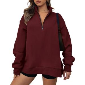 imageBTFBM Womens Quarter Zip Sweatshirt 2024 Fall Spring Oversized Casual Long Sleeve Workout Pullover Y2K ClothesSolid Wine Red