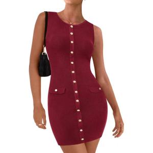 imageBTFBM Womens Short Bodycon Dress Summer 2025 Crewneck Sleeveless Knit Trendy Tight Fitted Wedding Going Out DressesWine Red