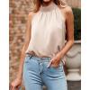 imageBTFBM 2024 Women Summer Sleeveless Tie Mock Neck Halter Tops Casual Bow Loose Tank Top Lightweight Dressy Blouse ShirtsSolid Apricot