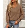 imageBTFBM Long Sleeve Shirts for Women Dressy Casual Loose V Neck Smocked Puff Sleeve Tops Blouses Fall Clothes 2024Khaki