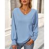 imageBTFBM Long Sleeve Shirts for Women Dressy Casual Loose V Neck Smocked Puff Sleeve Tops Blouses Fall Clothes 2024Light Blue