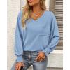 imageBTFBM Long Sleeve Shirts for Women Dressy Casual Loose V Neck Smocked Puff Sleeve Tops Blouses Fall Clothes 2024Light Blue