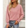 imageBTFBM Long Sleeve Shirts for Women Dressy Casual Loose V Neck Smocked Puff Sleeve Tops Blouses Fall Clothes 2024Pink