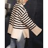 imageBTFBM Women Casual Turtleneck Striped Sweater 2024 Fall Winter Jumper Tops Long Sleeve Side Slit Oversized Knit PulloverStriped Beige