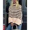 imageBTFBM Women Casual Turtleneck Striped Sweater 2024 Fall Winter Jumper Tops Long Sleeve Side Slit Oversized Knit PulloverStriped Beige