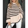 imageBTFBM Women Casual Turtleneck Striped Sweater 2024 Fall Winter Jumper Tops Long Sleeve Side Slit Oversized Knit PulloverStriped Beige