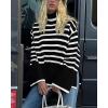 imageBTFBM Women Casual Turtleneck Striped Sweater 2024 Fall Winter Jumper Tops Long Sleeve Side Slit Oversized Knit PulloverStriped Black