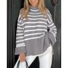imageBTFBM Women Casual Turtleneck Striped Sweater 2024 Fall Winter Jumper Tops Long Sleeve Side Slit Oversized Knit PulloverStriped Grey