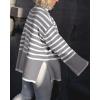 imageBTFBM Women Casual Turtleneck Striped Sweater 2024 Fall Winter Jumper Tops Long Sleeve Side Slit Oversized Knit PulloverStriped Grey