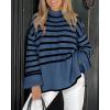 imageBTFBM Women Casual Turtleneck Striped Sweater 2024 Fall Winter Jumper Tops Long Sleeve Side Slit Oversized Knit PulloverStriped Grey Blue