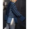 imageBTFBM Women Casual Turtleneck Striped Sweater 2024 Fall Winter Jumper Tops Long Sleeve Side Slit Oversized Knit PulloverStriped Grey Blue