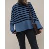 imageBTFBM Women Casual Turtleneck Striped Sweater 2024 Fall Winter Jumper Tops Long Sleeve Side Slit Oversized Knit PulloverStriped Grey Blue