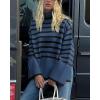 imageBTFBM Women Casual Turtleneck Striped Sweater 2024 Fall Winter Jumper Tops Long Sleeve Side Slit Oversized Knit PulloverStriped Grey Blue
