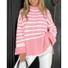 imageBTFBM Women Casual Turtleneck Striped Sweater 2024 Fall Winter Jumper Tops Long Sleeve Side Slit Oversized Knit PulloverStriped Pink