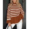 imageBTFBM Women Casual Turtleneck Striped Sweater 2024 Fall Winter Jumper Tops Long Sleeve Side Slit Oversized Knit PulloverStriped Rust Red