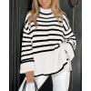 imageBTFBM Women Casual Turtleneck Striped Sweater 2024 Fall Winter Jumper Tops Long Sleeve Side Slit Oversized Knit PulloverStriped White