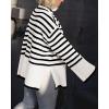 imageBTFBM Women Casual Turtleneck Striped Sweater 2024 Fall Winter Jumper Tops Long Sleeve Side Slit Oversized Knit PulloverStriped White
