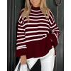 imageBTFBM Women Casual Turtleneck Striped Sweater 2024 Fall Winter Jumper Tops Long Sleeve Side Slit Oversized Knit PulloverStriped Wine Red