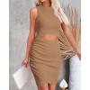 imageBTFBM Womens 2024 Summer Bodycon Dresses Sleeveless Crew Neck Cutout Ruched Slim Fit Ribbed Party Club Tank Mini DressSolid Camel