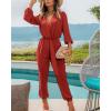imageBTFBM Womens Spring Long Sleeve Jumpsuits Dressy Casual One Piece Outfits V Neck High Waist Belt Pocket Long Pants RomperSolid Rust Red