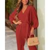 imageBTFBM Womens Spring Long Sleeve Jumpsuits Dressy Casual One Piece Outfits V Neck High Waist Belt Pocket Long Pants RomperSolid Rust Red