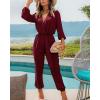 imageBTFBM Womens Spring Long Sleeve Jumpsuits Dressy Casual One Piece Outfits V Neck High Waist Belt Pocket Long Pants RomperSolid Wine Red