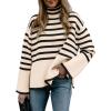 imageBTFBM Women Casual Turtleneck Striped Sweater 2024 Fall Winter Jumper Tops Long Sleeve Side Slit Oversized Knit PulloverStriped Beige