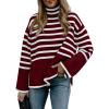imageBTFBM Women Casual Turtleneck Striped Sweater 2024 Fall Winter Jumper Tops Long Sleeve Side Slit Oversized Knit PulloverStriped Wine Red