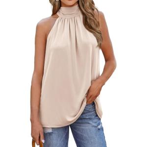imageBTFBM 2024 Women Summer Sleeveless Tie Mock Neck Halter Tops Casual Bow Loose Tank Top Lightweight Dressy Blouse ShirtsSolid Apricot