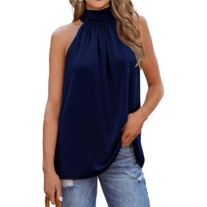 imageBTFBM 2024 Women Summer Sleeveless Tie Mock Neck Halter Tops Casual Bow Loose Tank Top Lightweight Dressy Blouse ShirtsSolid Navy