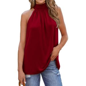 imageBTFBM 2024 Women Summer Sleeveless Tie Mock Neck Halter Tops Casual Bow Loose Tank Top Lightweight Dressy Blouse ShirtsSolid Wine Red