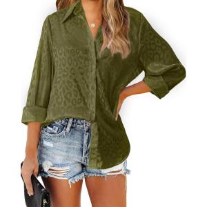 imageBTFBM Button Down Satin Blouses for Women Dressy Casual Lapel V Neck Long Sleeve Shirts Loose Business Work Tops 2024Leopard Army Green