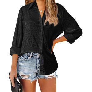 imageBTFBM Button Down Satin Blouses for Women Dressy Casual Lapel V Neck Long Sleeve Shirts Loose Business Work Tops 2024Leopard Black