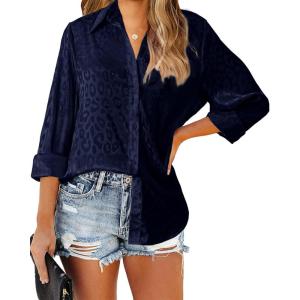 imageBTFBM Button Down Satin Blouses for Women Dressy Casual Lapel V Neck Long Sleeve Shirts Loose Business Work Tops 2024Leopard Navy