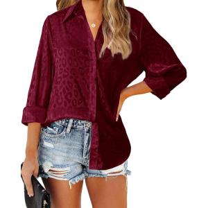 imageBTFBM Button Down Satin Blouses for Women Dressy Casual Lapel V Neck Long Sleeve Shirts Loose Business Work Tops 2024Leopard Wine Red