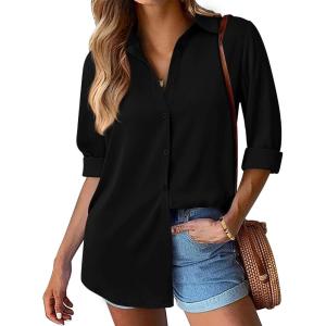 imageBTFBM Button Down Satin Blouses for Women Dressy Casual Lapel V Neck Long Sleeve Shirts Loose Business Work Tops 2024Solid Black