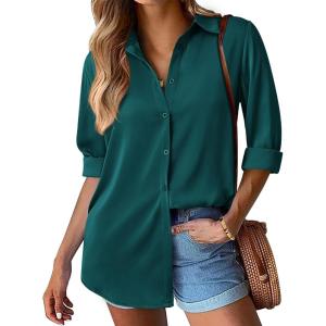imageBTFBM Button Down Satin Blouses for Women Dressy Casual Lapel V Neck Long Sleeve Shirts Loose Business Work Tops 2024Solid Dark Green