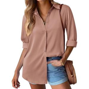 imageBTFBM Button Down Satin Blouses for Women Dressy Casual Lapel V Neck Long Sleeve Shirts Loose Business Work Tops 2024Solid Khaki