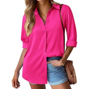 imageBTFBM Button Down Satin Blouses for Women Dressy Casual Lapel V Neck Long Sleeve Shirts Loose Business Work Tops 2024Solid Rose Red