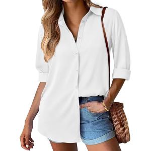 imageBTFBM Button Down Satin Blouses for Women Dressy Casual Lapel V Neck Long Sleeve Shirts Loose Business Work Tops 2024Solid White